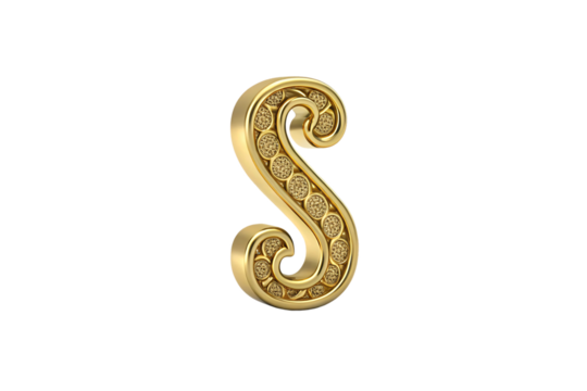 Golden decorative letter S with circular diamond patterns and luxurious detailing, isolated on a transparent background