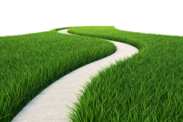 Curved stone walkway cutting through lush green grass with rolling hills, isolated on a transparent background