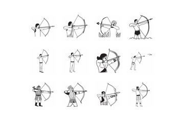 line art of man shooting on arrow set bundle on the white background