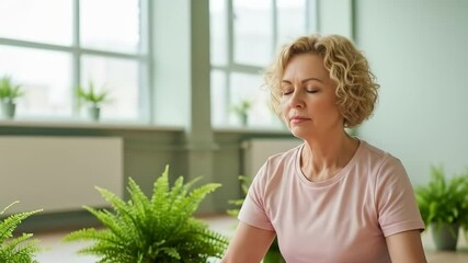 serene mature blonde woman meditates peacefully in a bright yoga studio surrounded by vibrant green plants. - Powered by Adobe
