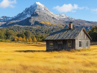 Rustic cabin nestled in a golden field, majestic mountain backdrop