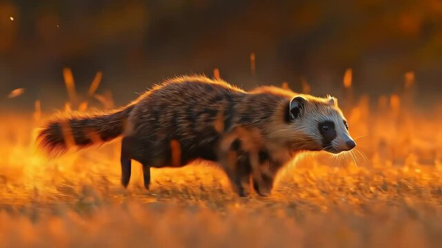 Raccoon dog runs through golden grass It has a bushy tail and striking facial mask