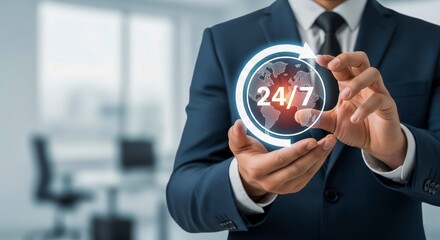 Businessman Holding 24/7 Digital World Icon