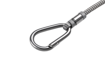 Metal carabiner clip attached to gray braided rope with textured grip section, isolated on a transparent background