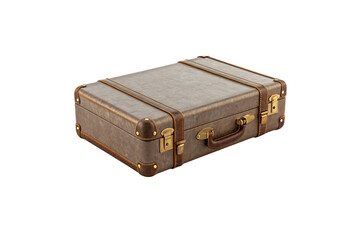 Retro suitcase with weathered brown leather exterior and golden brass corner reinforcements, isolated on a transparent background