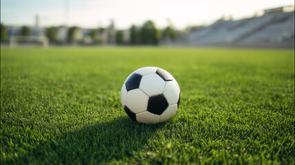 Fototapeta premium A traditional soccer ball on green grass, symbolizing the essence of the beautiful game.