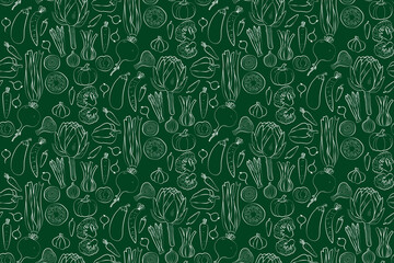 Seamless vegetable pattern on dark green background for culinary design. Seamless vector illustration. Vector hand drawn illustration