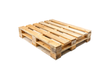 Stack of three wooden shipping pallets with horizontal slats and supporting blocks, isolated on a transparent background