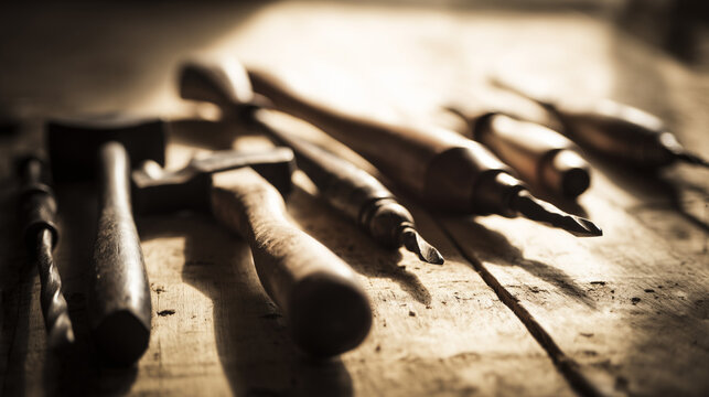 Vintage woodworking tools on a rustic table, hammer and chisel in focus, conveying timeless craftsmanship and tradition.