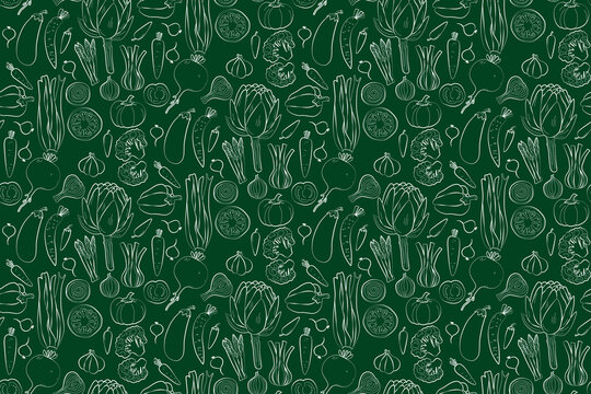 Seamless vegetable pattern on dark green background for culinary design. Seamless vector illustration. Vector hand drawn illustration