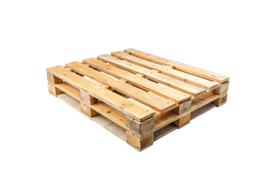 Stack of three wooden shipping pallets with horizontal slats and supporting blocks, isolated on a transparent background