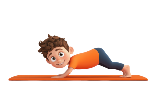 Boy in yoga plank smiling 3D CARTOON CHARACTER of ON WHITE BACKGROUND