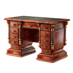 Elegant Antique Writing Desk Rich Mahogany  Gold Accents white background against transparent Background