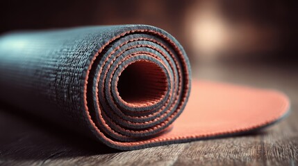 Rolled yoga mat on floor, a moment of calm and readiness for practice
