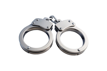 Silver metal handcuffs with chain connection and locking mechanism, isolated on a transparent background