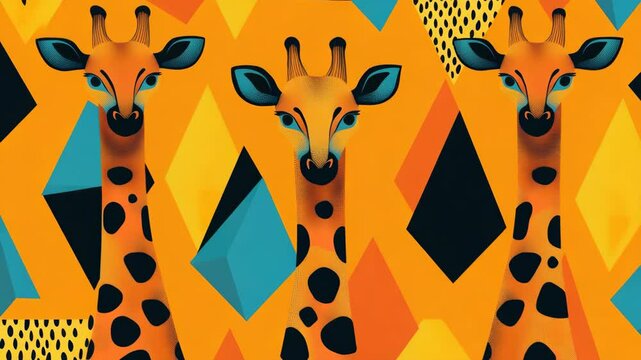 Three giraffes illustrated with vibrant colors and geometric shapes against a backdrop of a triangular pattern, creating an abstract and modern take on traditional animal prints.