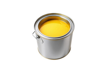 Large yellow paint bucket with metal handle showing golden paint contents, isolated on a transparent background