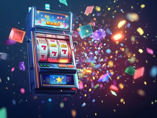 Naklejka premium jackpot alert message on a slot machine screen with glowing UI elements and confetti burst 