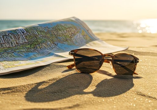 Beachside Vision: Sunglasses and map on the sand, with a sense of exploration and a journey's promise, under the soft glow of sunlight.