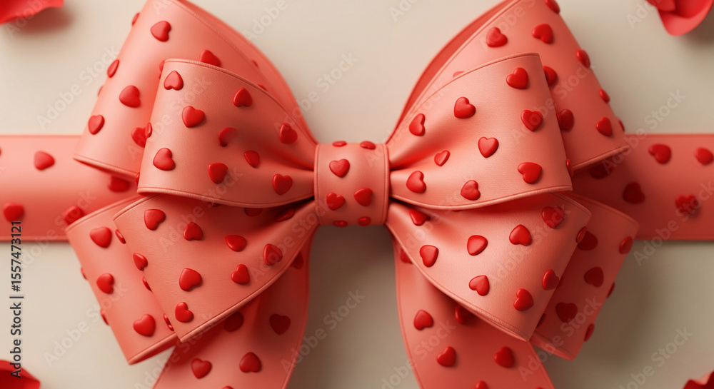 Poster close-up of peach-colored ribbon bow adorned with small hearts, creating a romantic and festive mood