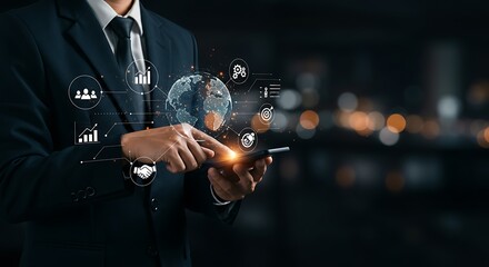 Businessman using a smartphone with holographic global data visualizations.