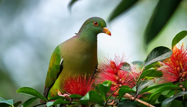 thick billed green pigeon perched among tropical foliage and berries