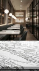 White marble table surface, showcasing elegant veining, against a blurred background of a modern restaurant interior, ideal for product display or menu mockup