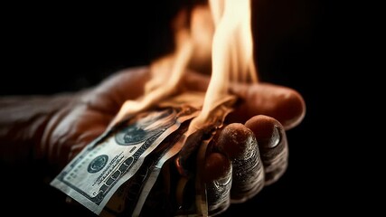A hand holding burning dollar bills against a dark background, symbolizing financial loss and desperation - Powered by Adobe