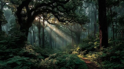 Soft rays that penetrate the trees in a beautiful forest
