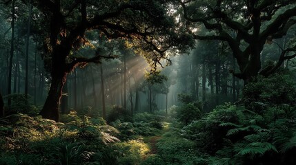Soft rays that penetrate the trees in a beautiful forest