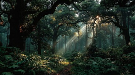 Soft rays that penetrate the trees in a beautiful forest