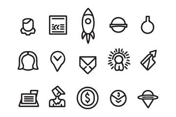 Fototapeta premium Black line icons depicting business meeting, rocket launch, planet, and money related items
