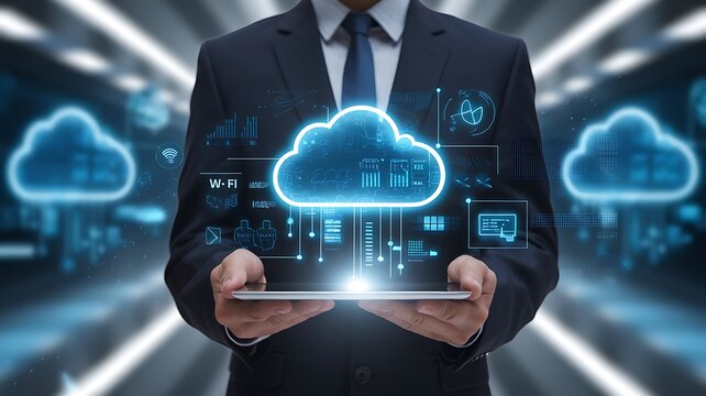 Businessman holding tablet with glowing cloud interface cloud computing technology