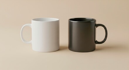 Pair Of Contrasting Coffee Mugs On Table