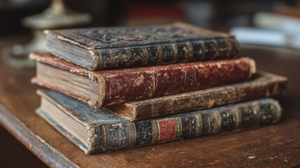 Stack of antique books with worn leather covers on a rustic shelf, evoking timeless wisdom and nostalgia.
