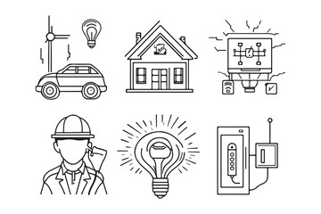 Fototapeta premium Outlined diagrams illustrate energy, including an engineer, car, house, server, and smartphone transparent