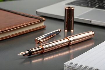 Elegant rose gold fountain pen with notebook and laptop writing instrument