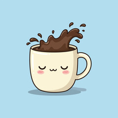 Cute Coffee Cup Cartoon Faces with Chocolate Splash Vector Illustration