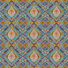 Soft pastel ikat pattern with diamond motifs and traditional flair, ideal for elegant fabric or wallpaper design.