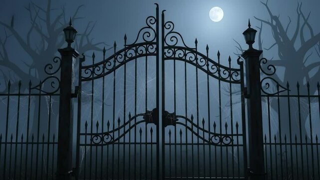 Spooky ornate iron gates slowly close on a misty moonlit night covered in cobwebs.