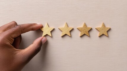 goal setting motivation evaluation. Hand placing a star among four stars on a surface, symbolizing rating or evaluation.