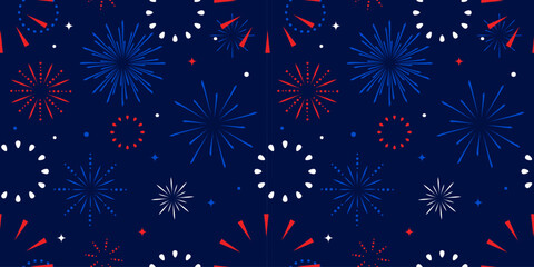 4th of July Seamless Pattern. Happy Independence day of USA. Fireworks and Confetti on dark blue Background. Vector illustration.