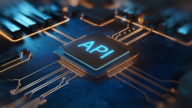 Futuristic computer chip with glowing blue A P I inscription circuit board technology