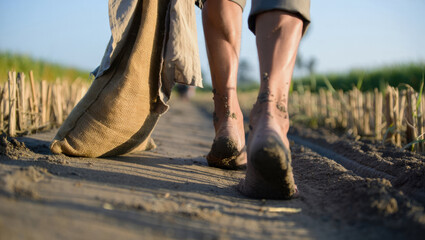 Barefoot individual walking along a dirt path in a field, carrying a burlap sack, surrounded by green crops, showcasing the connection to nature and agricultural life