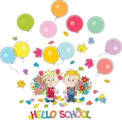 Greeting card with happy little schoolboy and schoolgirl first graders with balloons and bouquets of colorful flowers at a holiday of first school bell in primary school, vector cartoon illustration
