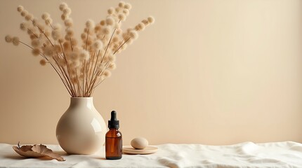 “Japandi Product Promo Flatlay – Premium Still Life with Vase & Product, mockup for workspace concept.".