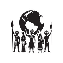 World's Invigenous Peoples Day Silhouette Vector Illustration, Solid White Background.