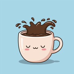Cute Coffee Cup Cartoon Faces with Chocolate Splash Vector Illustration