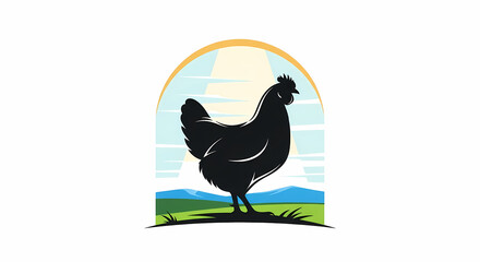 Silhouette of a chicken standing on grass against a backdrop of mountains and a rising sun.
