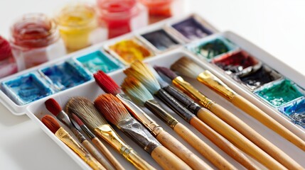 Complete set of colorful watercolors and paintbrushes arranged on a white background for creative expression